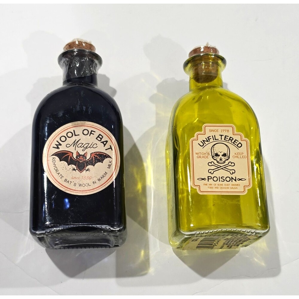2pc Decorative Glass Potion Bottles w/ Corks Black/Yellow Wool of Bat Poison